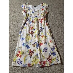 Eddie Bauer Dress Womens Small White Floral 100% Cotton Lined Cap Sleeve Belted